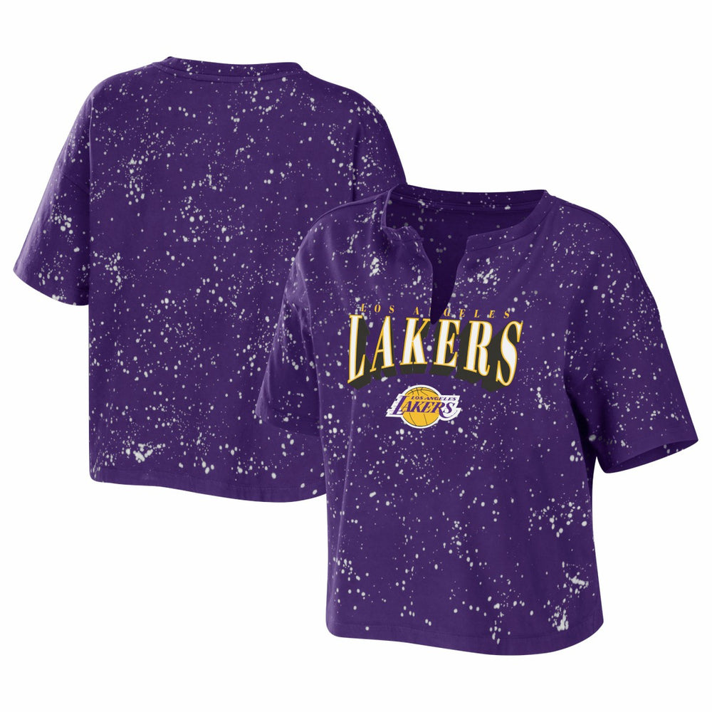 Los Angeles Lakers WEAR by Erin Andrews Women's Bleach Splatter Notch Neck T-Shirt Purple outlet