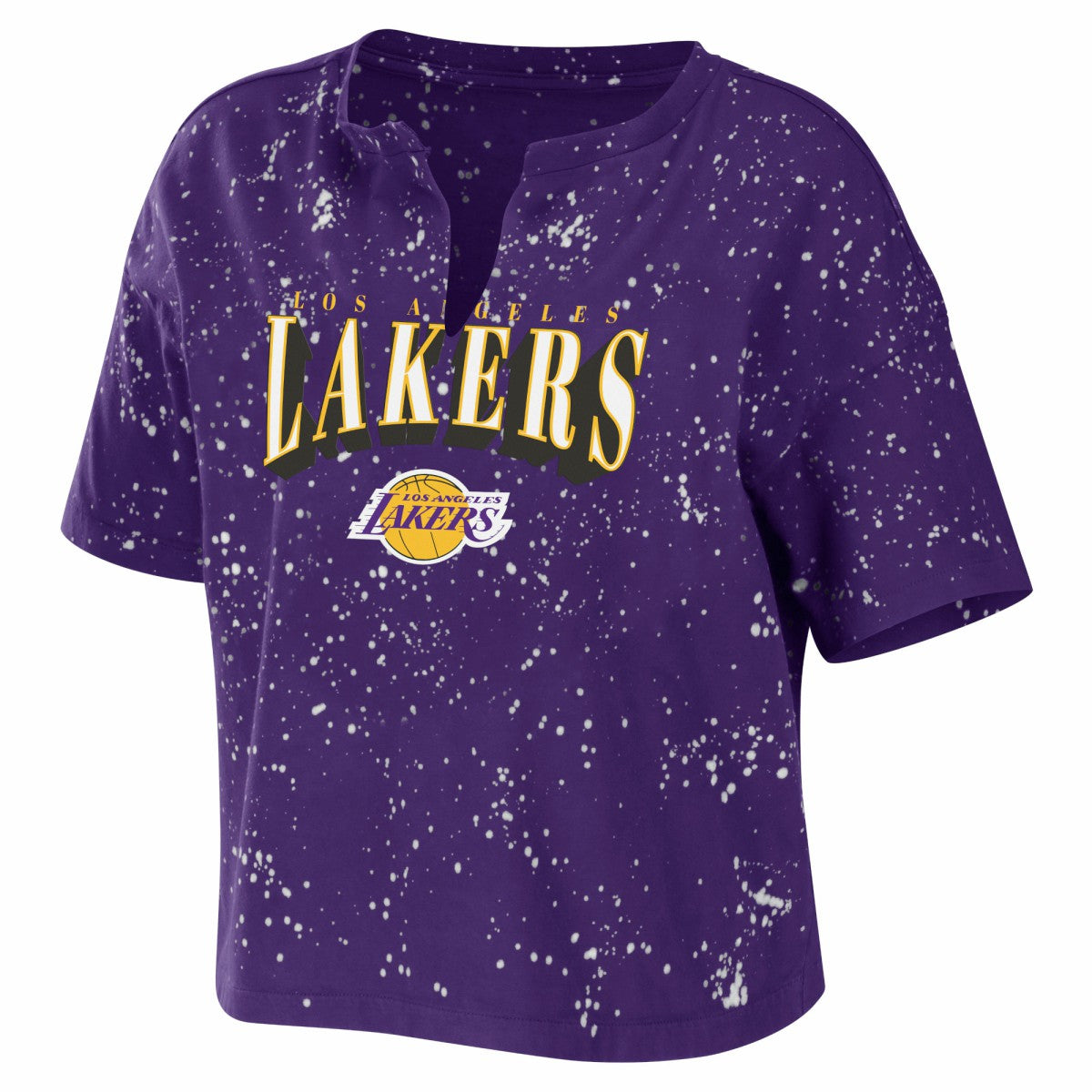 Los Angeles Lakers WEAR by Erin Andrews Women's Bleach Splatter Notch Neck T-Shirt Purple outlet