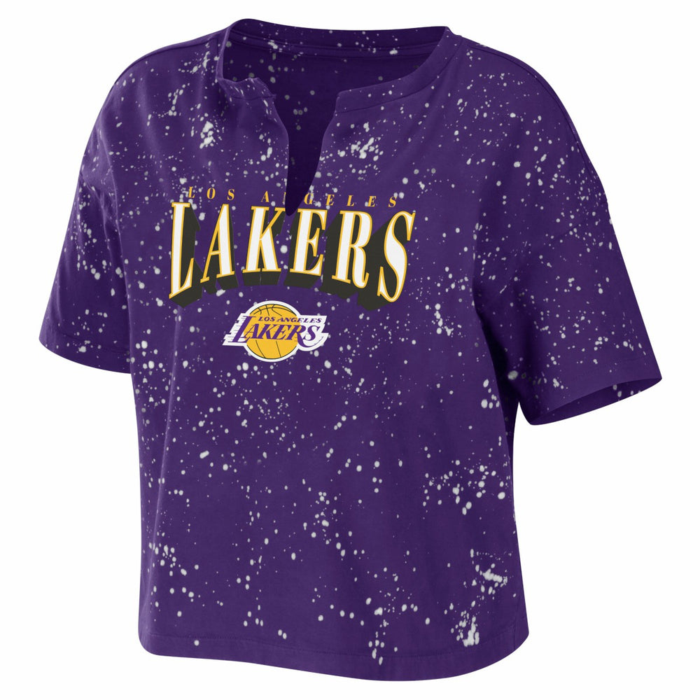 Los Angeles Lakers WEAR by Erin Andrews Women's Bleach Splatter Notch Neck T-Shirt Purple outlet