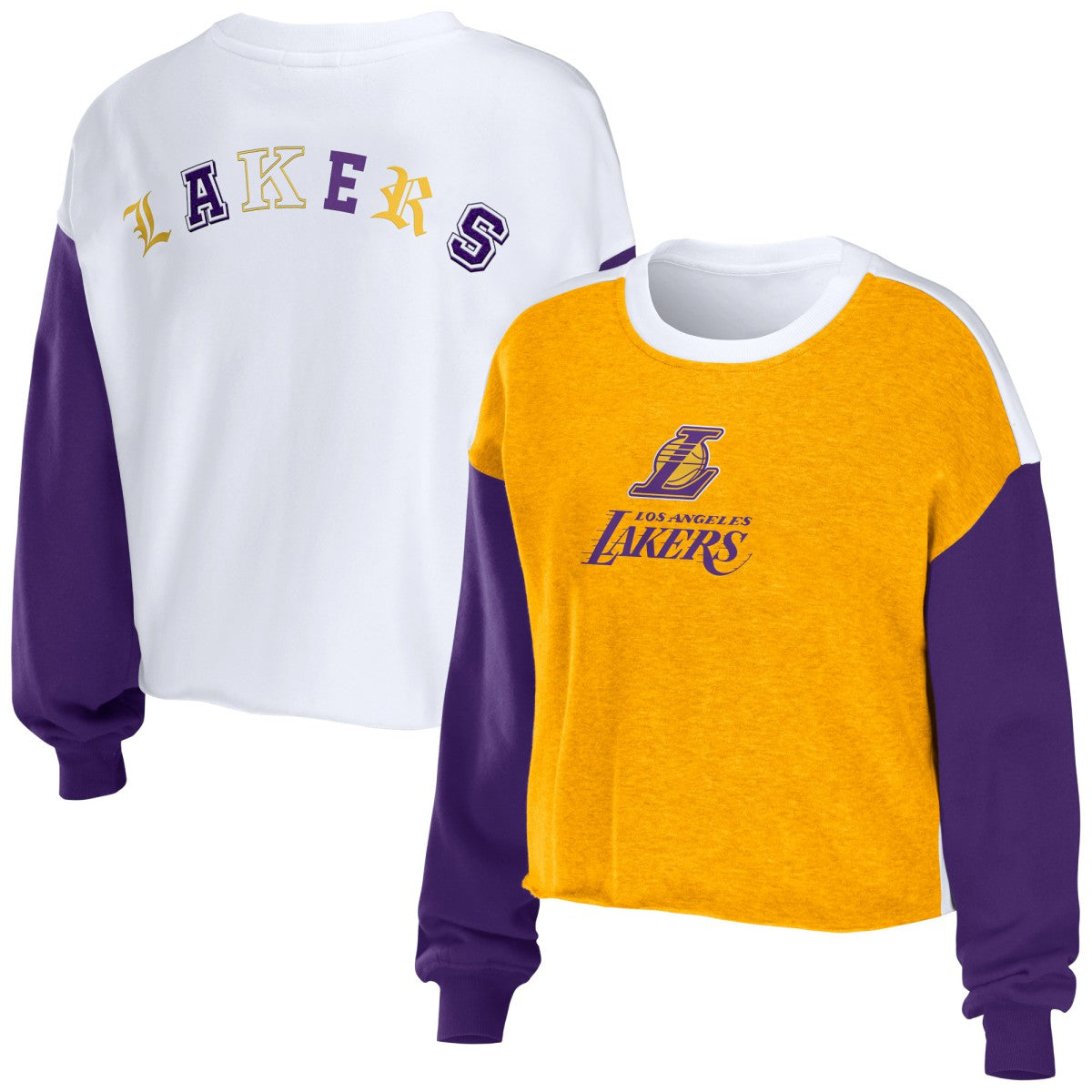 Los Angeles Lakers WEAR by Erin Andrews Women's Mixed Letter Cropped Pullover Sweatshirt Heather Gold