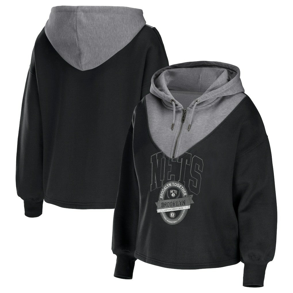 Brooklyn Nets WEAR by Erin Andrews Women's Pieced Quarter-Zip Hoodie Jacket Black outlet