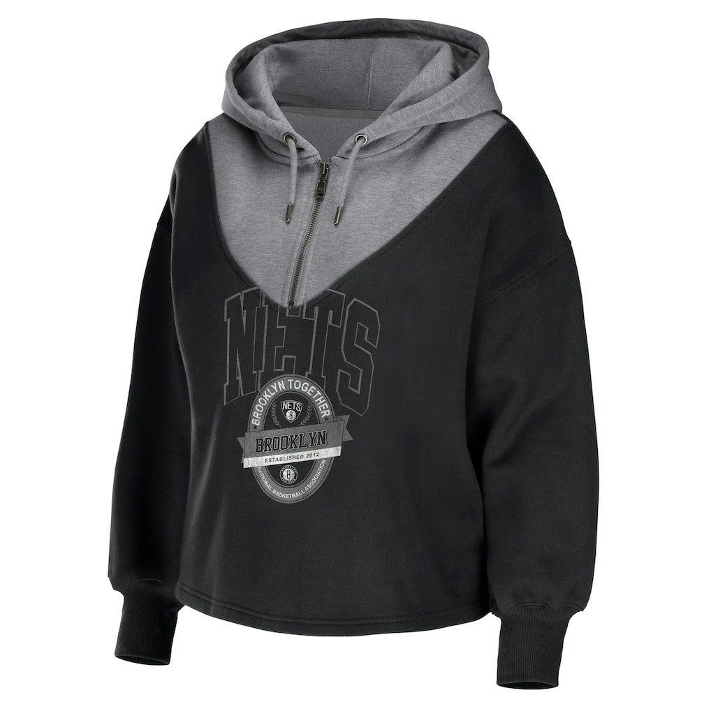 Brooklyn Nets WEAR by Erin Andrews Women's Pieced Quarter-Zip Hoodie Jacket Black outlet