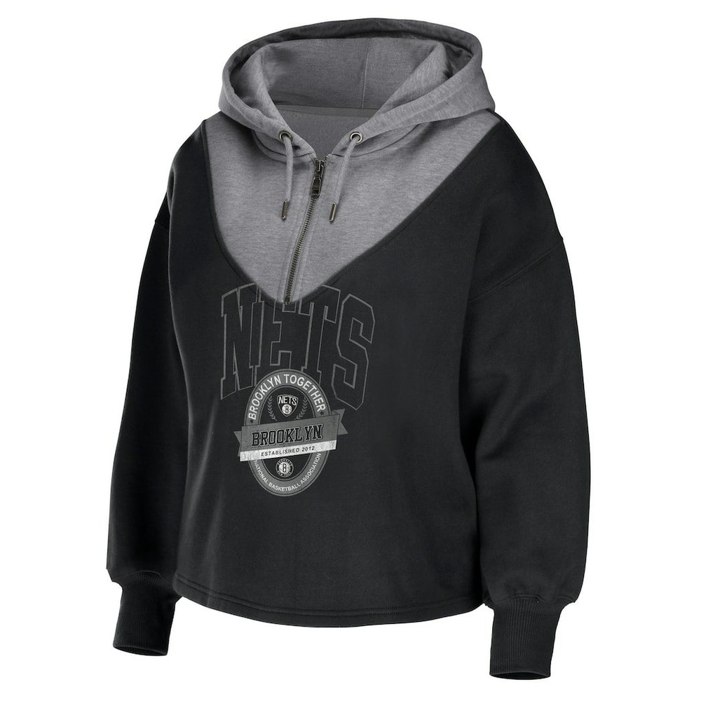 Brooklyn Nets WEAR by Erin Andrews Women's Pieced Quarter-Zip Hoodie Jacket Black outlet