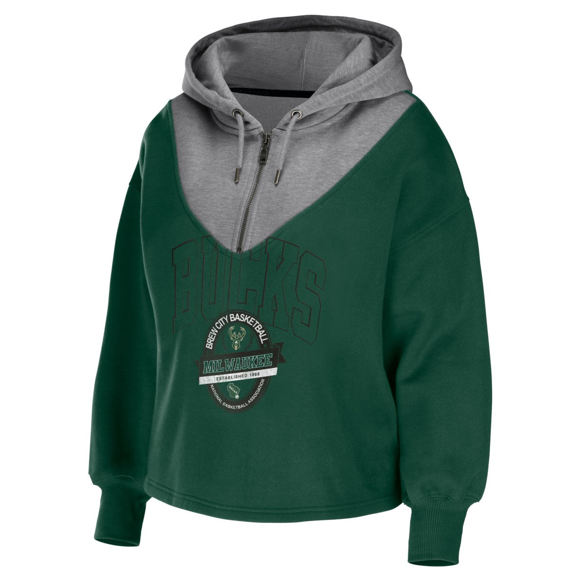 Milwaukee Bucks WEAR by Erin Andrews Women's Pieced Quarter-Zip Hoodie Jacket Hunter Green