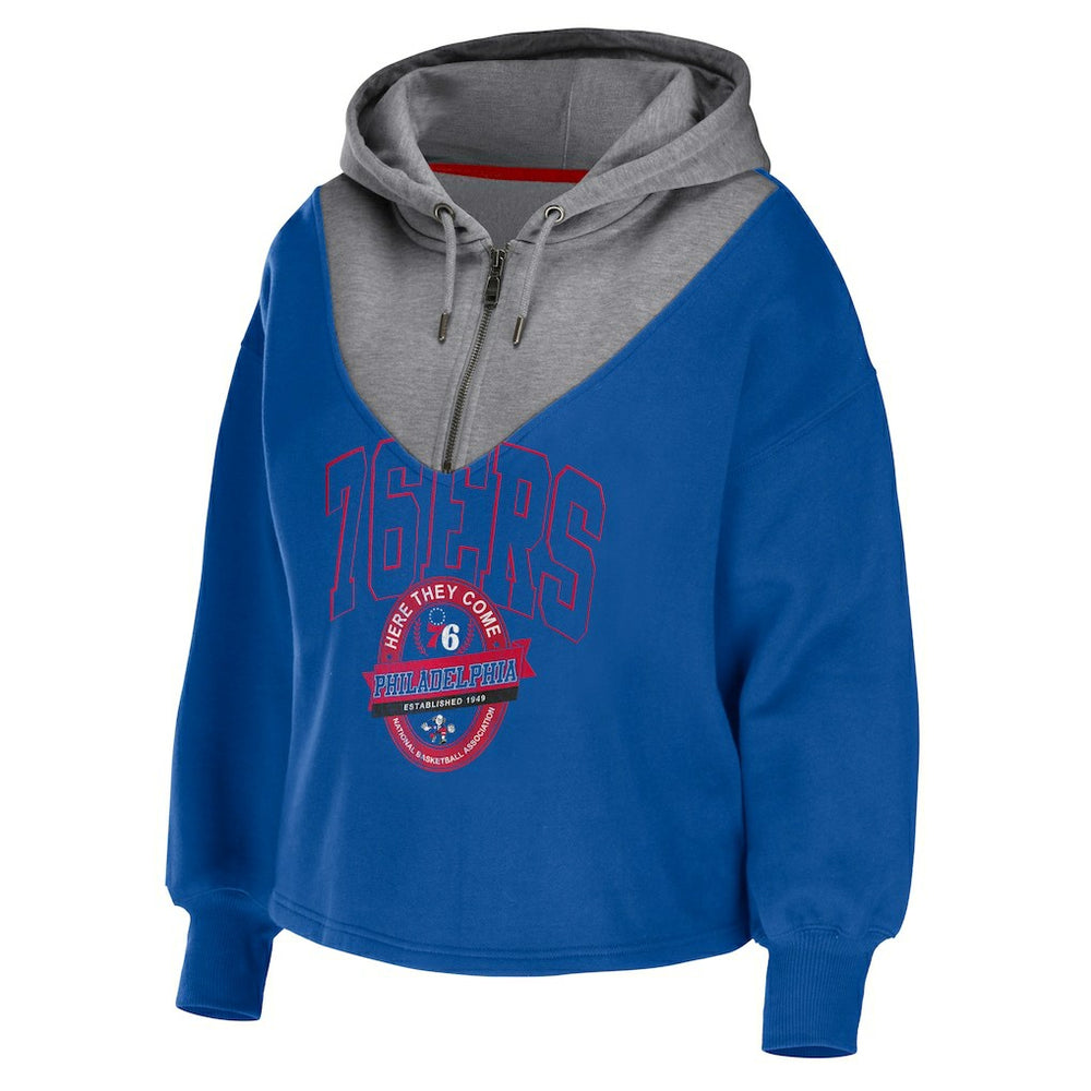 Philadelphia 76ers WEAR by Erin Andrews Women's Pieced Quarter-Zip Hoodie Jacket Royal outlet