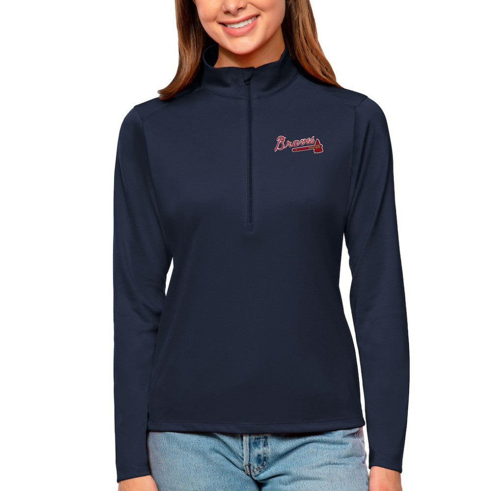 Atlanta Braves Antigua Women's Tribute Quarter-Zip Pullover Top - Navy Pullover