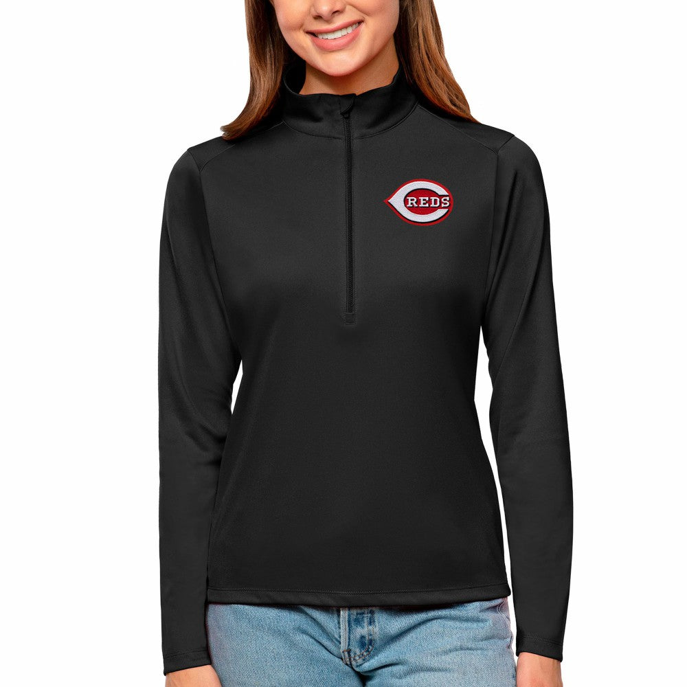 Cincinnati Reds Antigua Women's Tribute Quarter-Zip Pullover Top - Black Pullover