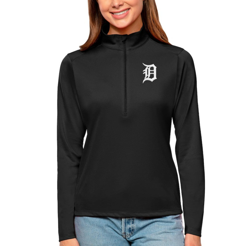Detroit Tigers Antigua Women's Tribute Quarter-Zip Pullover Top - Black Pullover