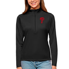 Philadelphia Phillies Antigua Women's Tribute Quarter-Zip Pullover Top - Black Pullover