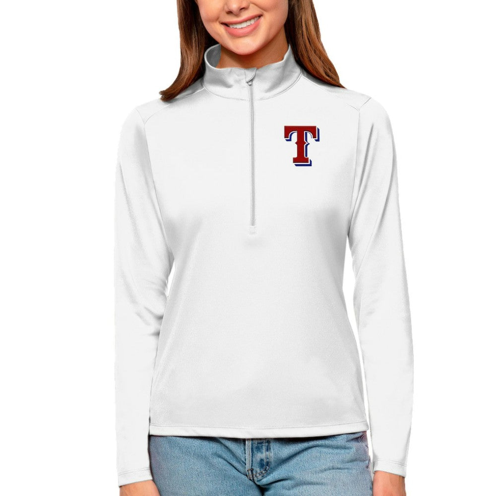 Texas Rangers Antigua Women's Tribute Quarter-Zip Pullover Top - White Pullover