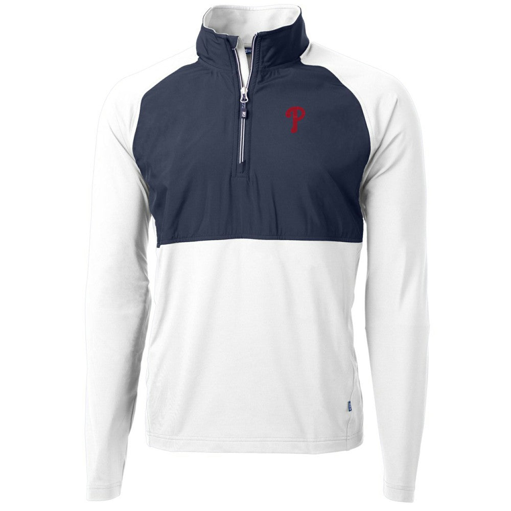 Philadelphia Phillies Cutter & Buck Adapt Eco Knit Hybrid Recycled Quarter-Zip Pullover Jacket - White/Navy Jackets