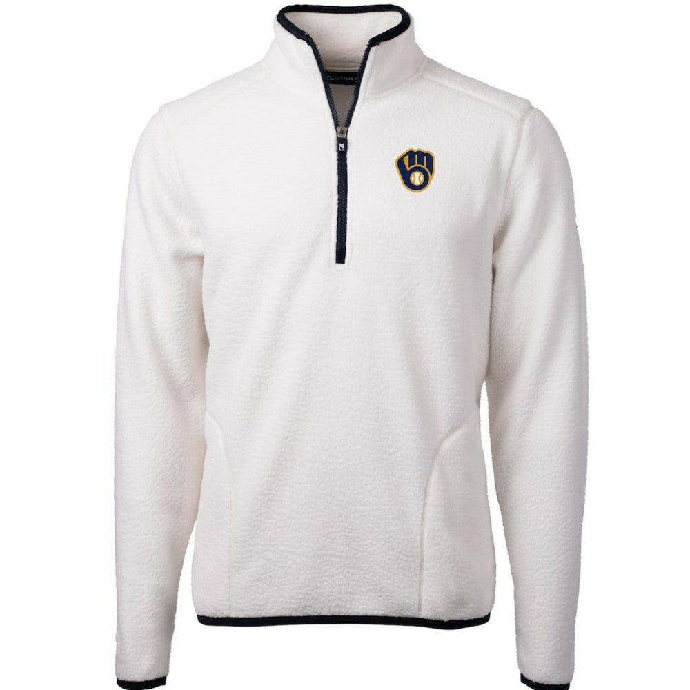 Milwaukee Brewers Cutter & Buck Cascade Eco Sherpa Fleece Quarter-Zip Pullover Jacket - White/Navy Jackets