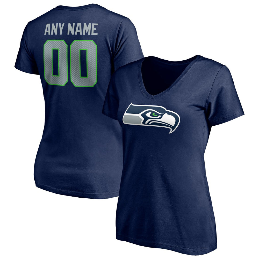 Seattle Seahawks Women's Team Authentic Personalized Name & Number V-Neck T-Shirt - College Navy T-shirts