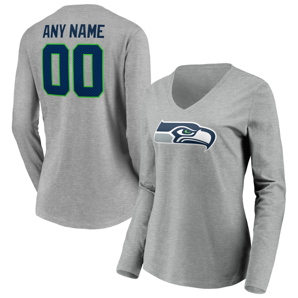 Seattle Seahawks Women's Team Authentic Custom Long Sleeve V-Neck T-Shirt - Gray T-shirts