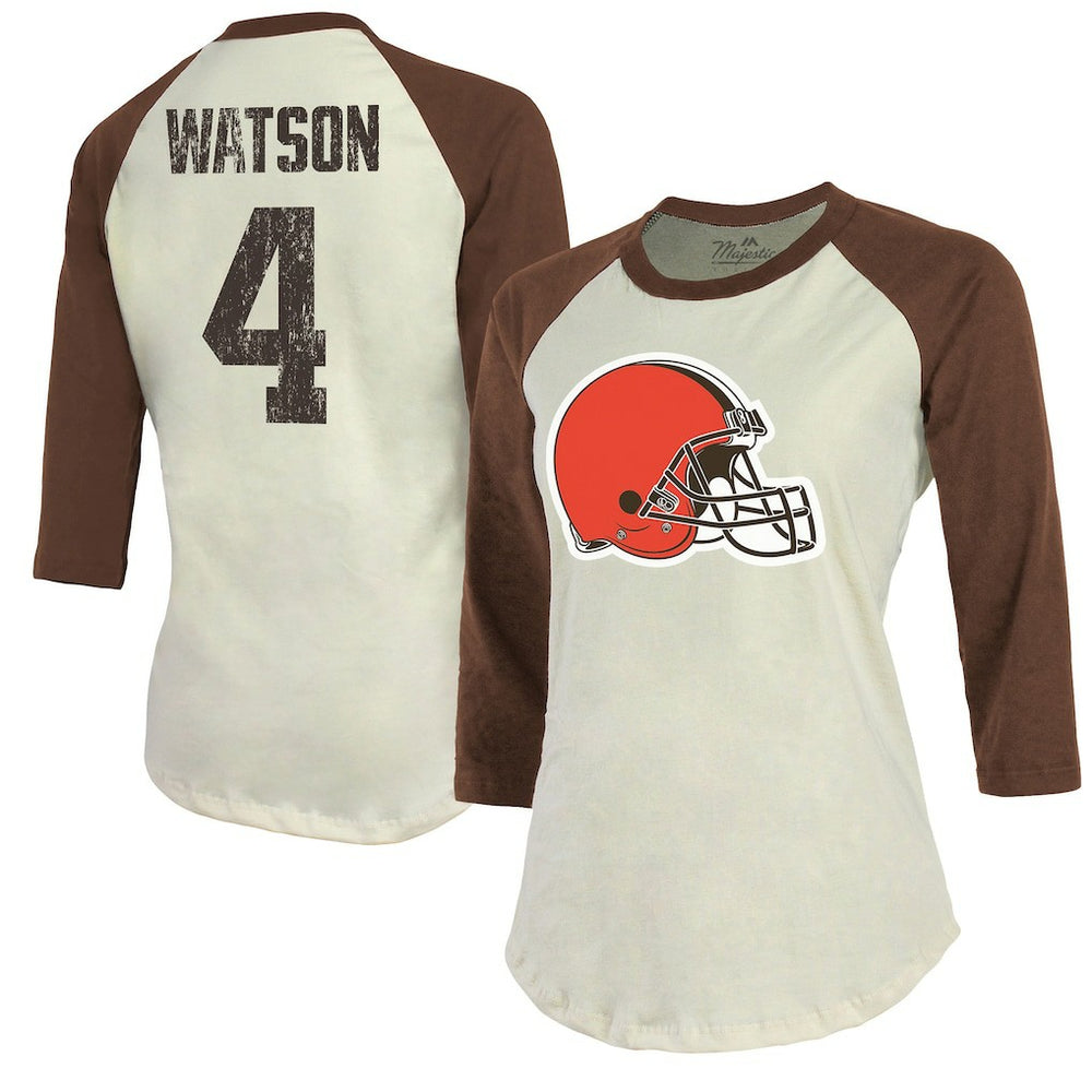 Deshaun Watson Cleveland Browns Majestic Threads Women's Player Name & Number Tri-Blend Three-Quarter Sleeve T-Shirt - Cream T-shirts