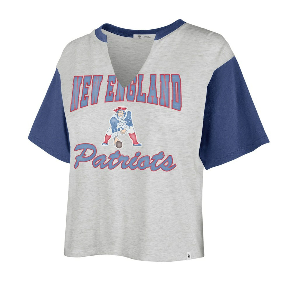 New England Patriots '47 Women's Sandy Daze Dolly V-Neck Cropped T-Shirt - Heather Gray/Royal T-shirts