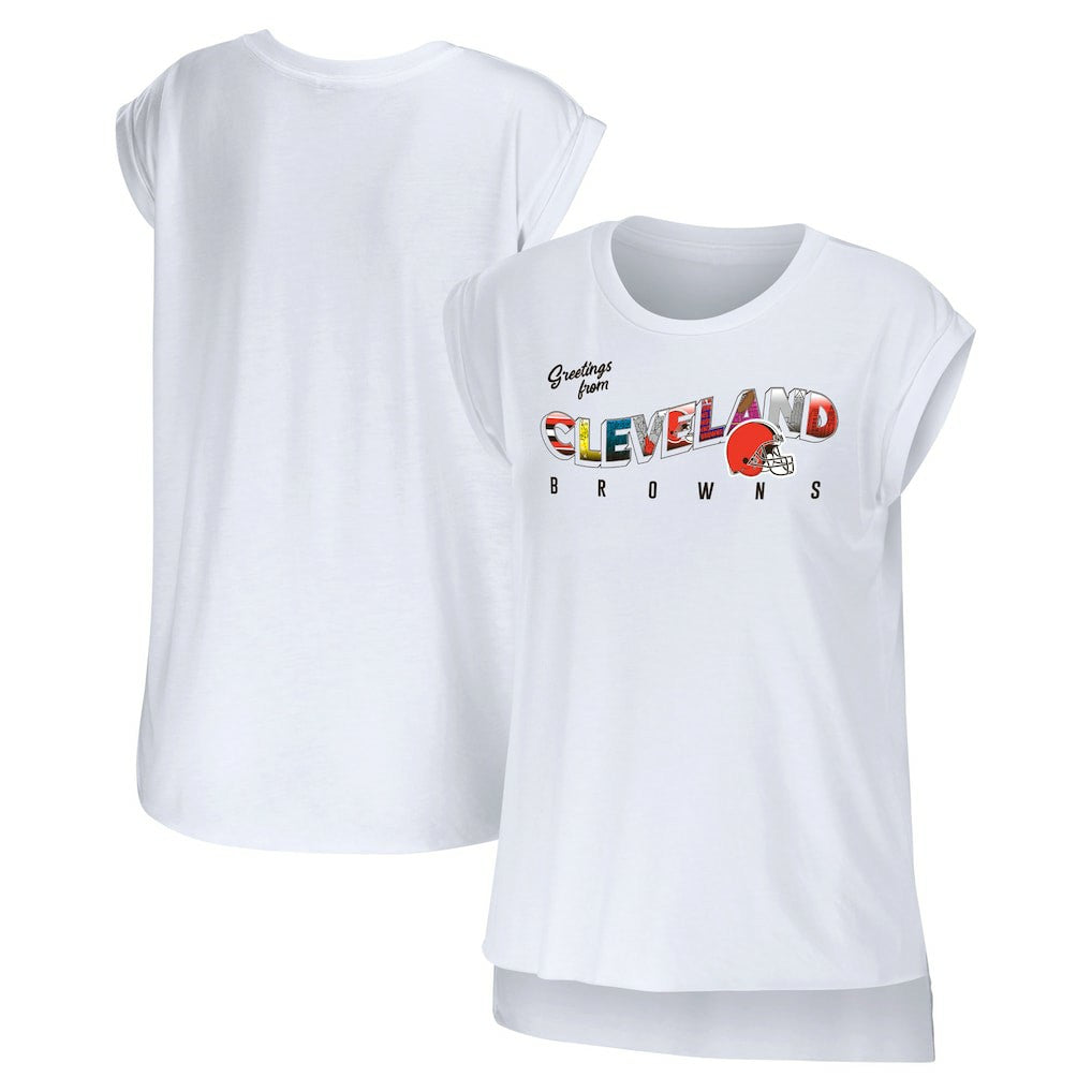Cleveland Browns WEAR by Erin Andrews Women's Greetings From Muscle T-Shirt - White T-shirts