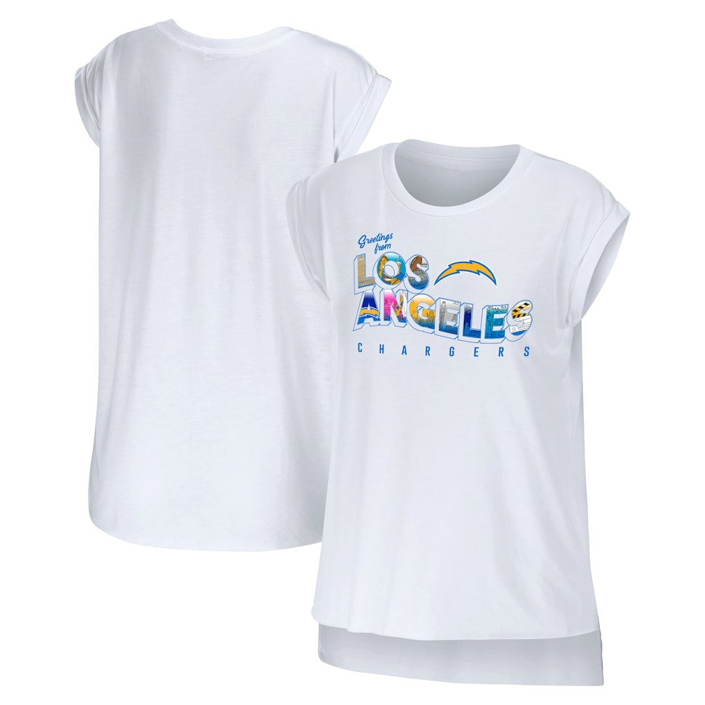 Los Angeles Chargers WEAR by Erin Andrews Women's Greetings From Muscle T-Shirt - White T-shirts