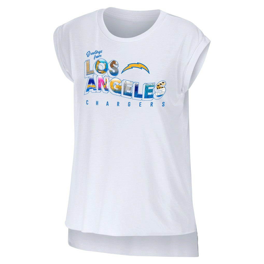 Los Angeles Chargers WEAR by Erin Andrews Women's Greetings From Muscle T-Shirt - White T-shirts