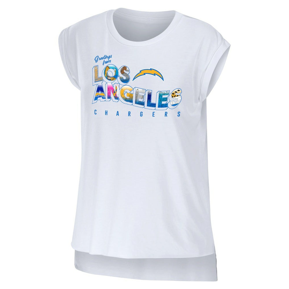 Los Angeles Chargers WEAR by Erin Andrews Women's Greetings From Muscle T-Shirt - White T-shirts
