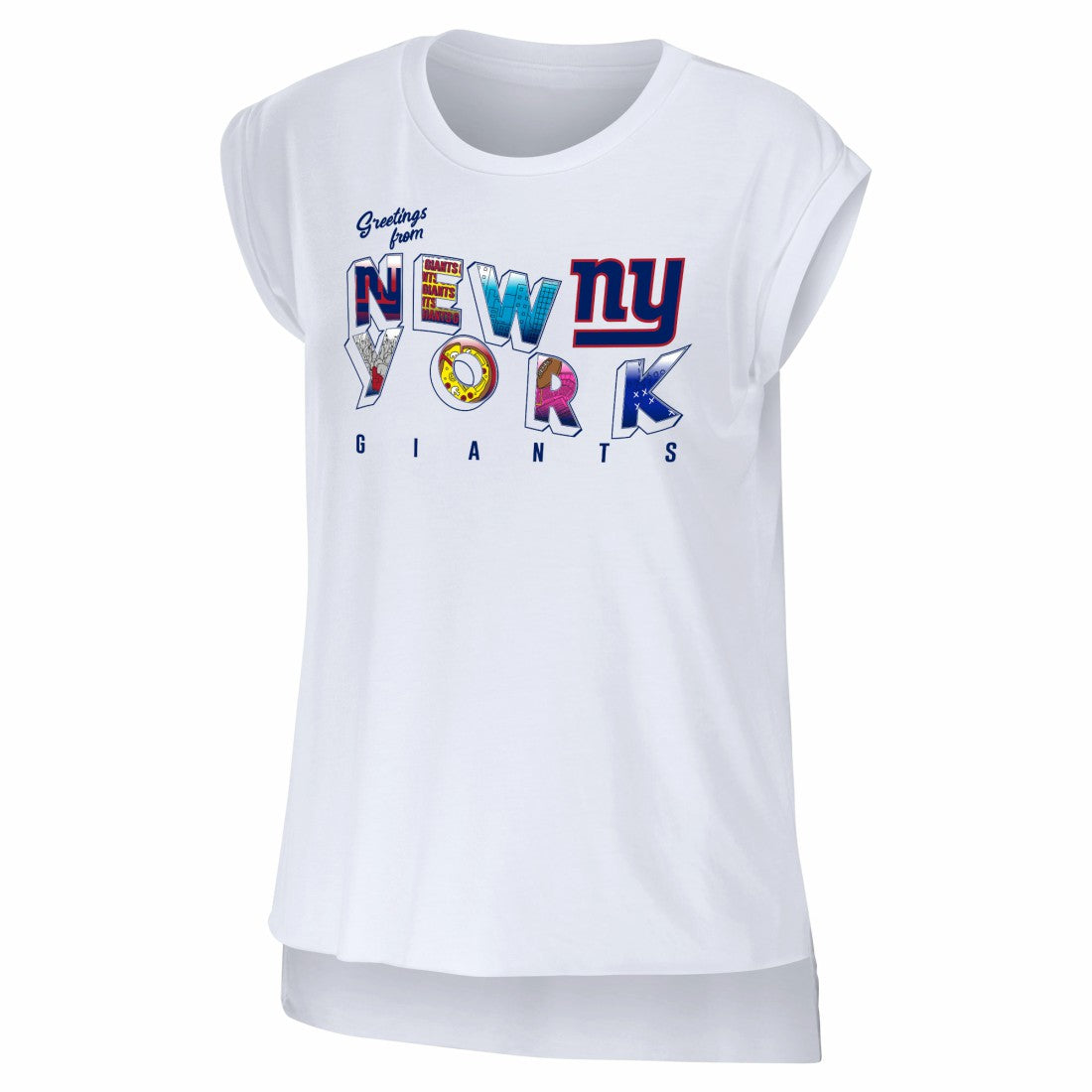 New York Giants WEAR by Erin Andrews Women's Greetings From Muscle T-Shirt - White T-shirts