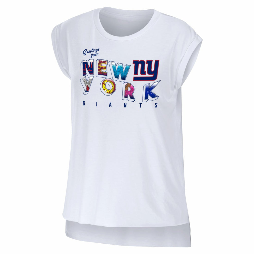 New York Giants WEAR by Erin Andrews Women's Greetings From Muscle T-Shirt - White T-shirts