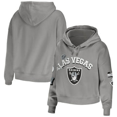 Las Vegas Raiders WEAR by Erin Andrews Women's Modest Cropped Pullover Hoodie - Gray Hoodies