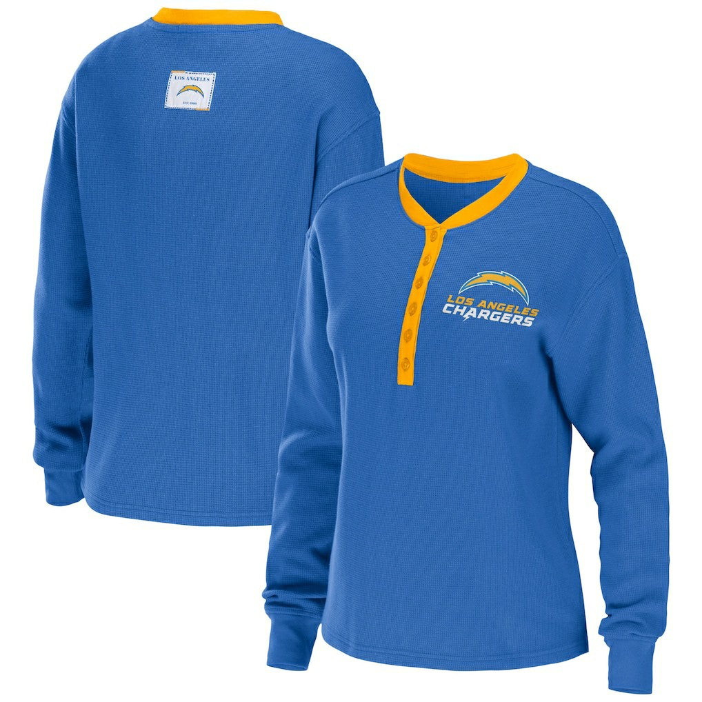 Los Angeles Chargers WEAR by Erin Andrews Women's Waffle Henley Long Sleeve T-Shirt - Powder Blue T-shirts