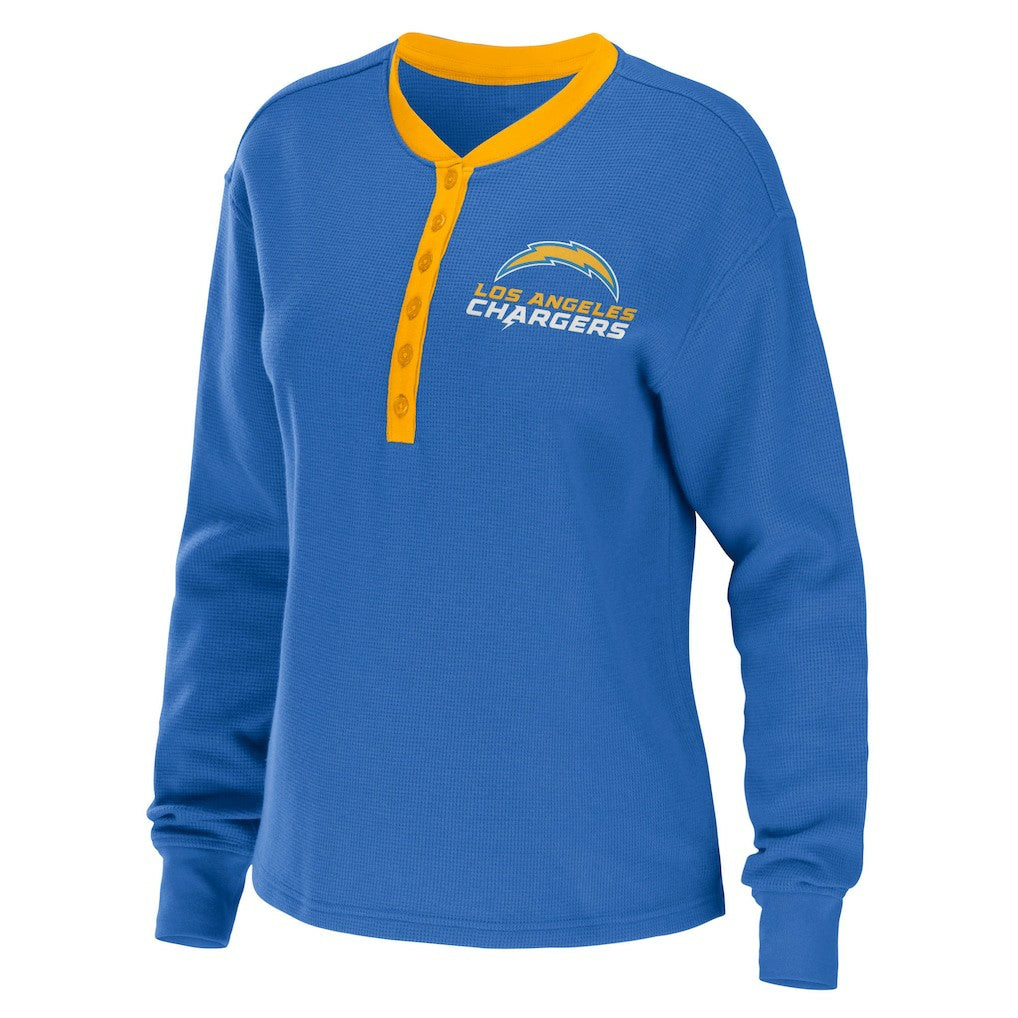 Los Angeles Chargers WEAR by Erin Andrews Women's Waffle Henley Long Sleeve T-Shirt - Powder Blue T-shirts
