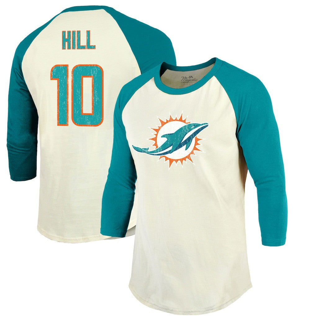 Tyreek Hill Miami Dolphins Majestic Threads Vintage Player Name & Number Raglan 3/4-Sleeve T-Shirt - Cream/Aqua T-shirts