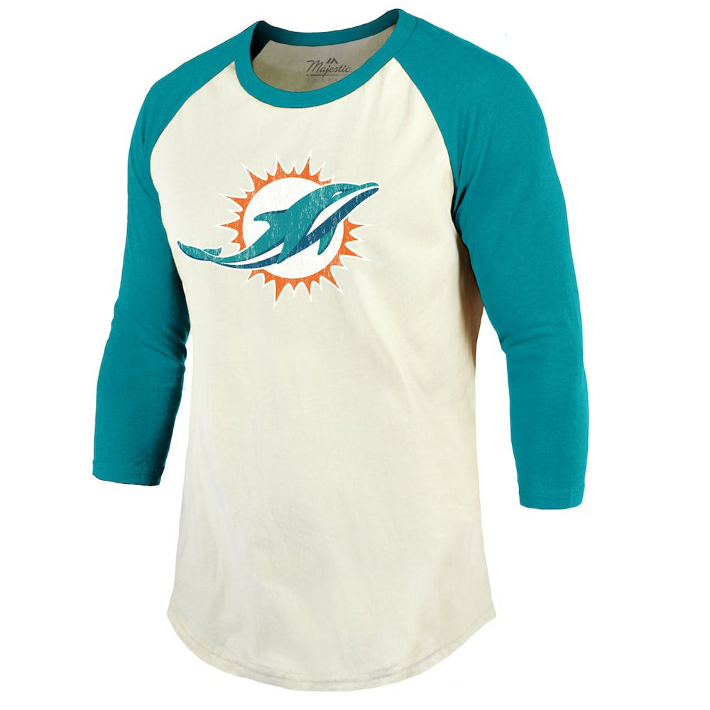Tyreek Hill Miami Dolphins Majestic Threads Vintage Player Name & Number Raglan 3/4-Sleeve T-Shirt - Cream/Aqua T-shirts