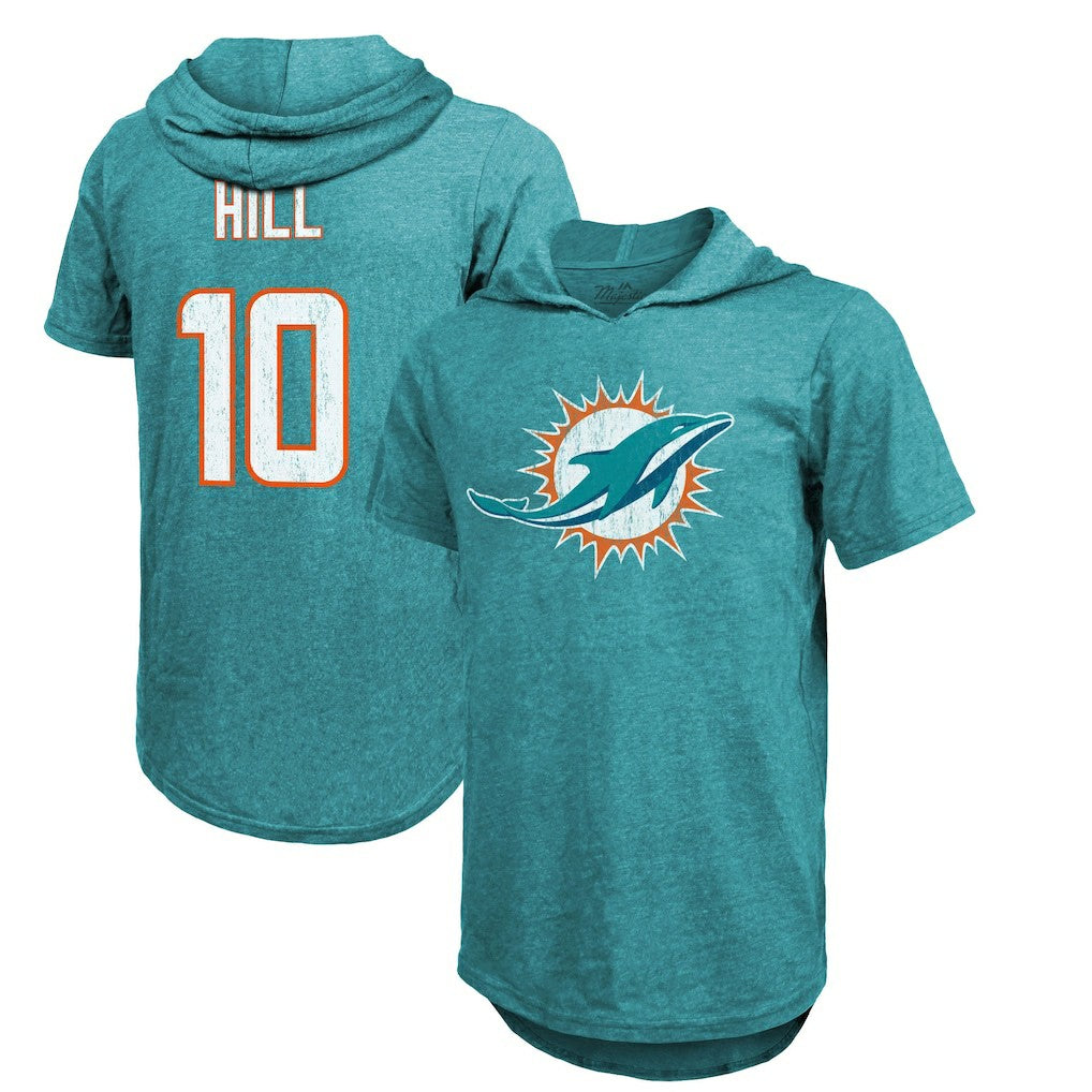 Tyreek Hill Miami Dolphins Majestic Threads Player Name & Number Short Sleeve Hoodie T-Shirt - Aqua Hoodies