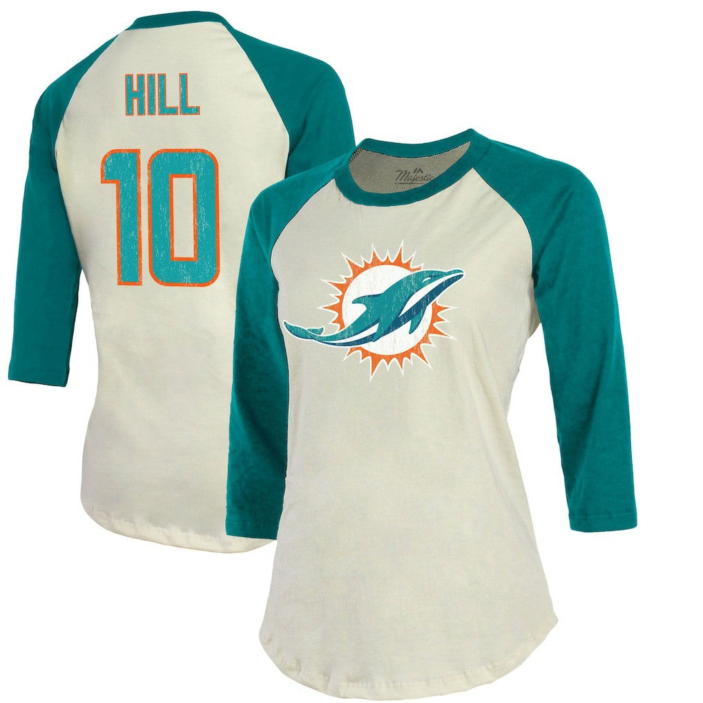 Tyreek Hill Miami Dolphins Majestic Threads Vintage Player Name & Number Raglan 3/4-Sleeve T-Shirt - Cream/Aqua T-shirts