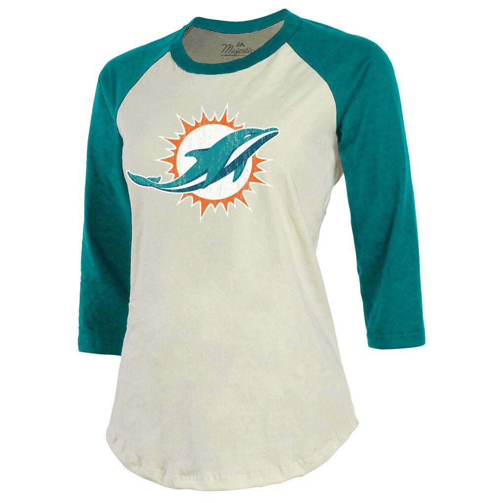 Tyreek Hill Miami Dolphins Majestic Threads Vintage Player Name & Number Raglan 3/4-Sleeve T-Shirt - Cream/Aqua T-shirts