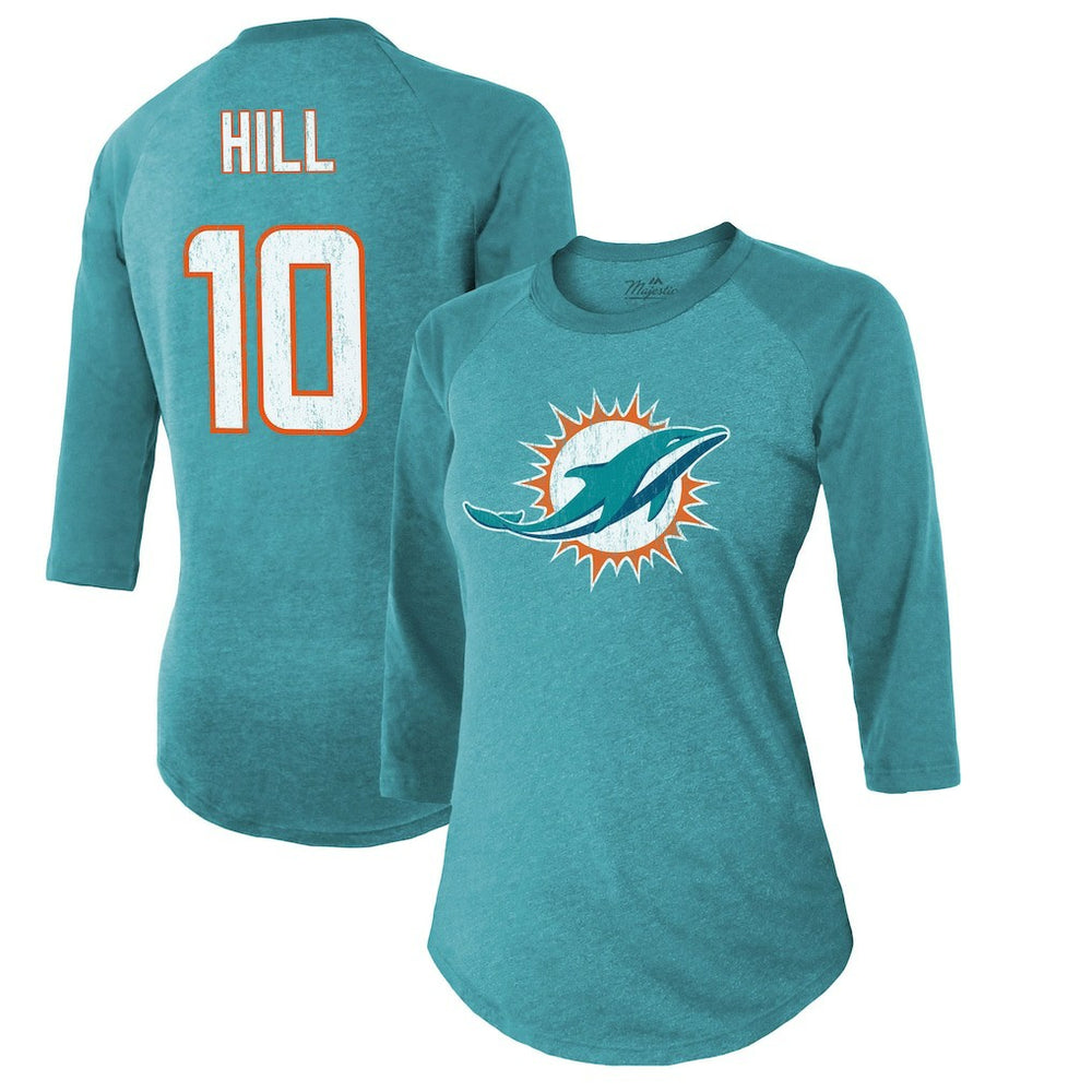 Tyreek Hill Miami Dolphins Majestic Threads Women's Name & Number Raglan 3/4 Sleeve T-Shirt - Aqua T-shirts