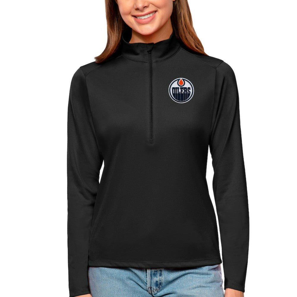 Edmonton Oilers Antigua Women's Tribute Quarter-Zip Pullover Top - Black | US 4807579