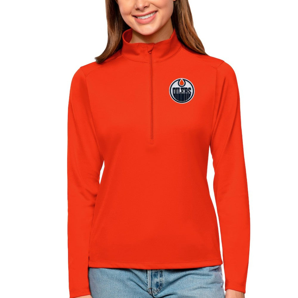 Edmonton Oilers Antigua Women's Tribute Quarter-Zip Pullover Top - Orange | US 4807582