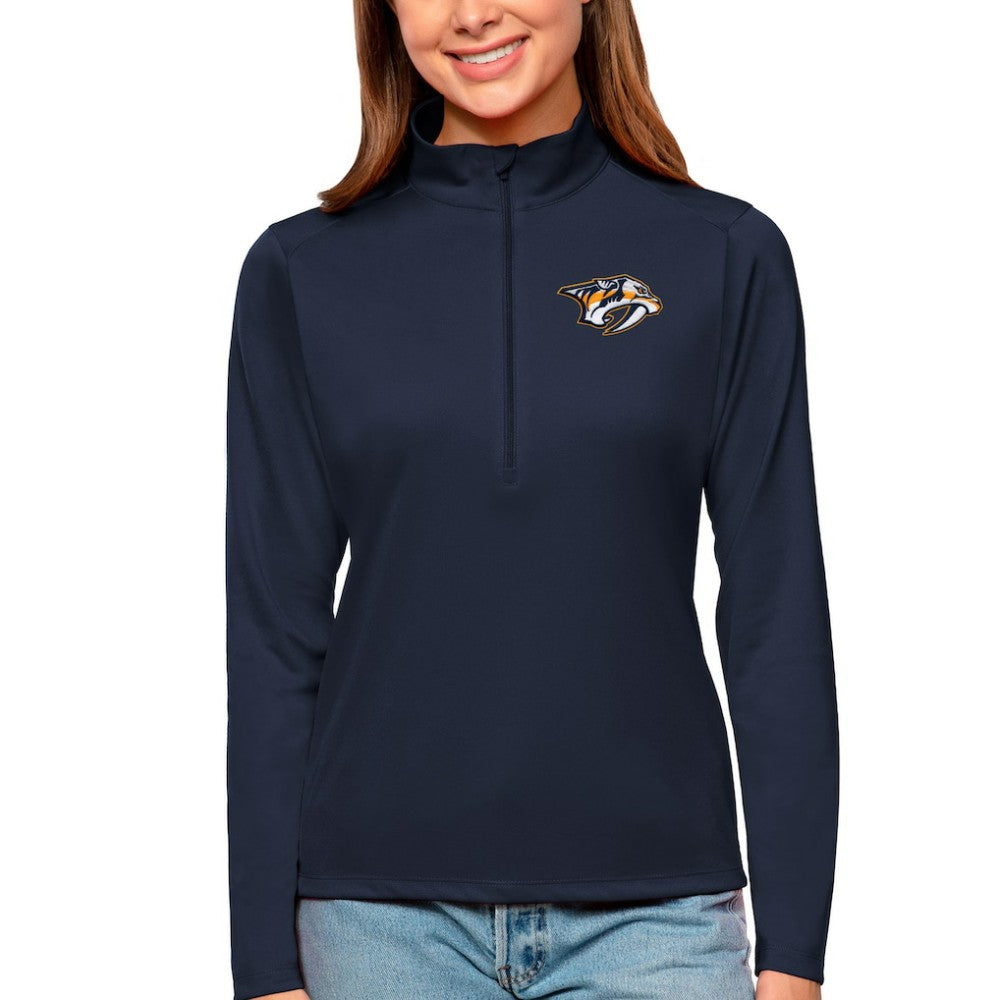 Nashville Predators Antigua Women's Tribute Quarter-Zip Pullover Top - Navy | US 4807605