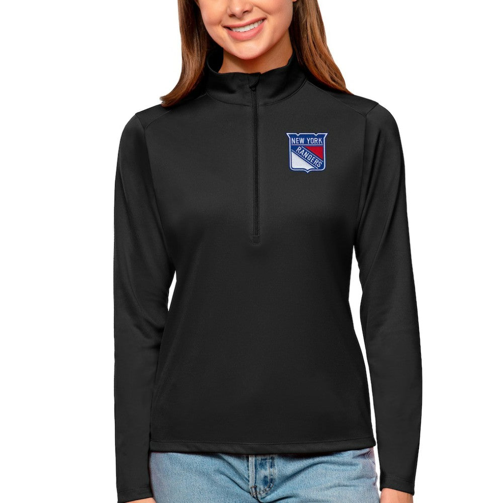 New York Rangers Antigua Women's Tribute Quarter-Zip Pullover Top - Black | US 4807617