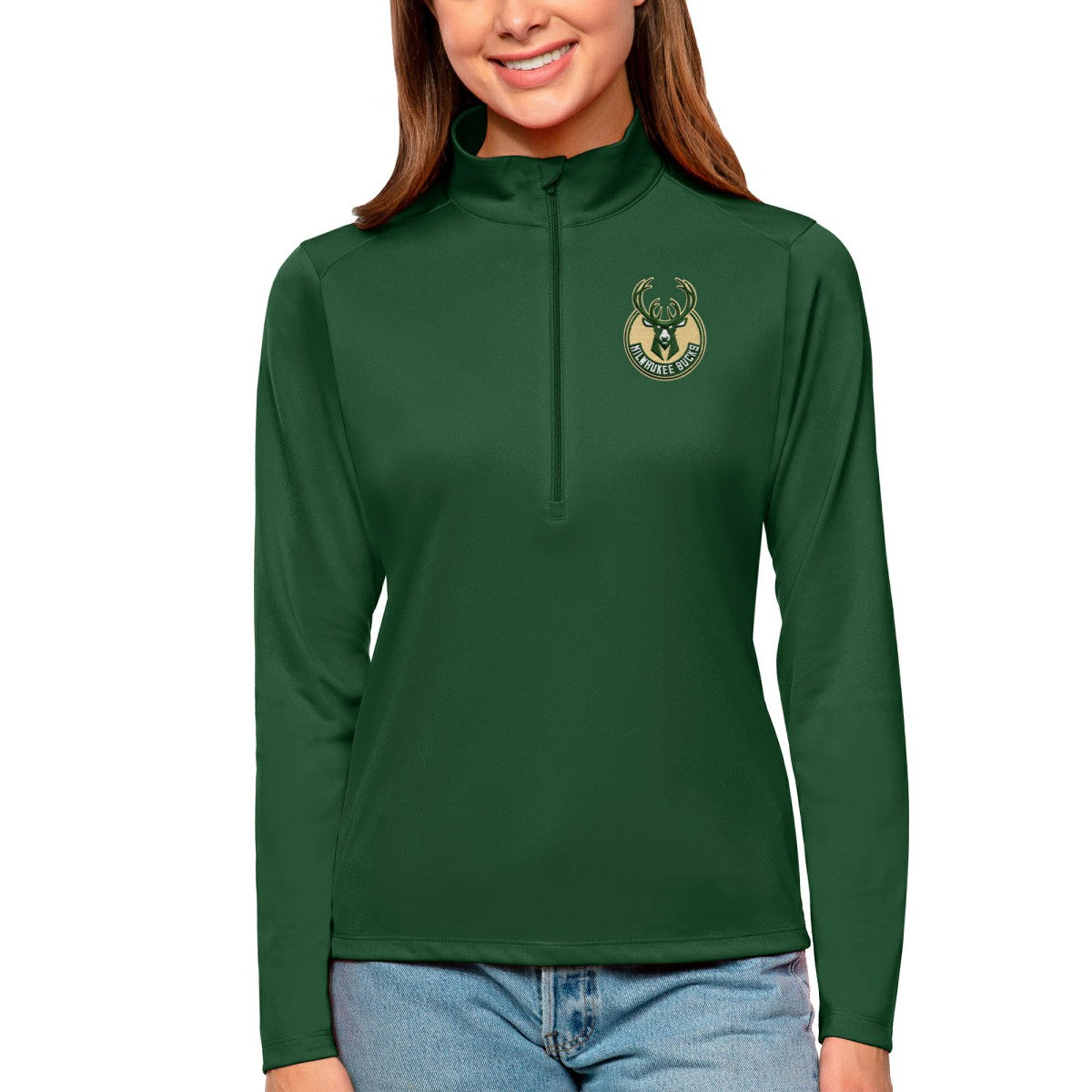 Milwaukee Bucks Antigua Women's Tribute Half-Zip Top Hunter Green outlet