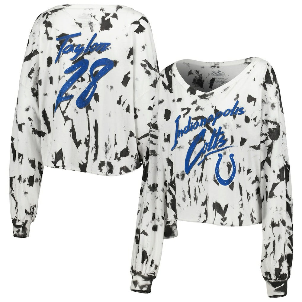 Jonathan Taylor Indianapolis Colts Majestic Threads Women's Off-Shoulder Tie-Dye Name & Number Cropped Long Sleeve V-Neck T-Shirt - White T-shirts