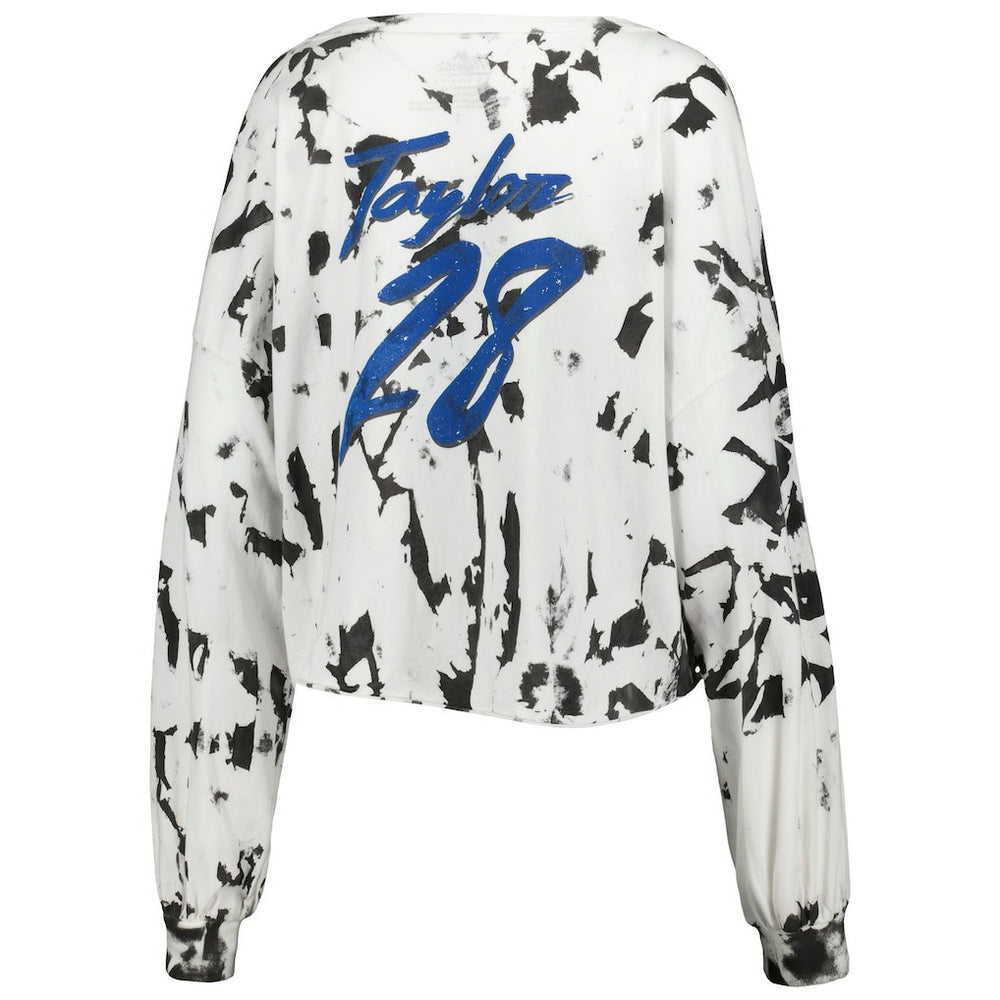 Jonathan Taylor Indianapolis Colts Majestic Threads Women's Off-Shoulder Tie-Dye Name & Number Cropped Long Sleeve V-Neck T-Shirt - White T-shirts
