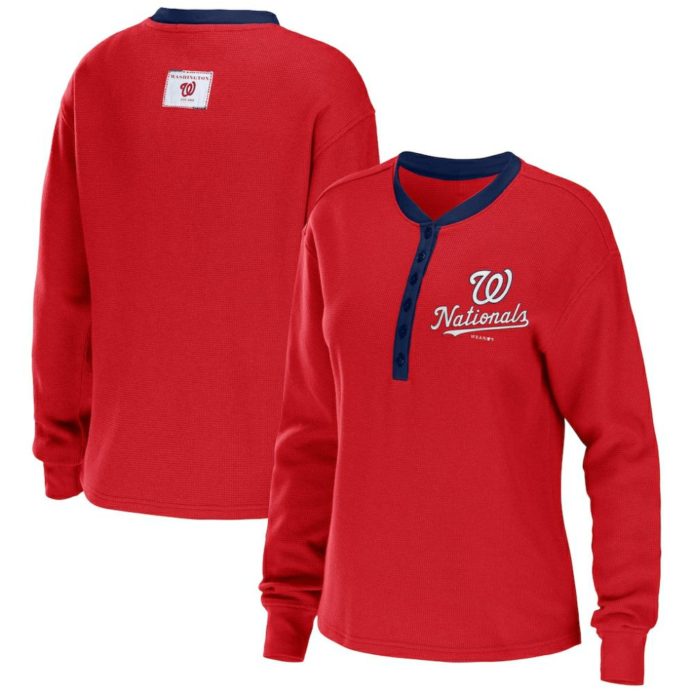 Washington Nationals WEAR by Erin Andrews Women's Waffle Henley Long Sleeve T-Shirt - Red T-shirts