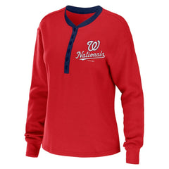 Washington Nationals WEAR by Erin Andrews Women's Waffle Henley Long Sleeve T-Shirt - Red T-shirts
