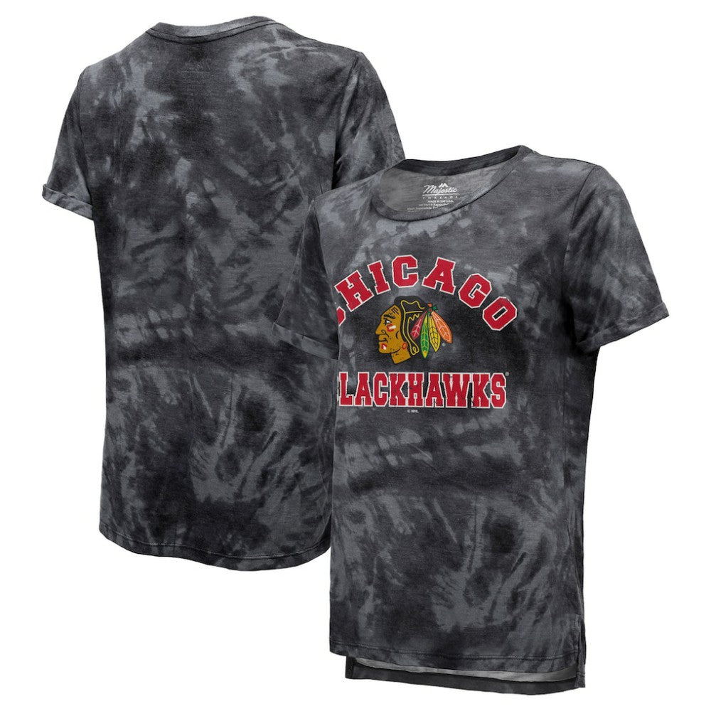 Chicago Blackhawks Majestic Threads Women's Boyfriend Tie-Dye Tri-Blend T-Shirt - Black | US 4837508