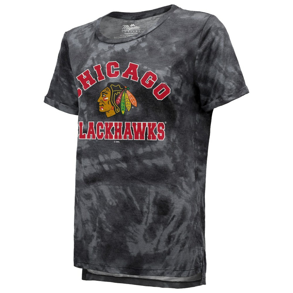 Chicago Blackhawks Majestic Threads Women's Boyfriend Tie-Dye Tri-Blend T-Shirt - Black | US 4837508
