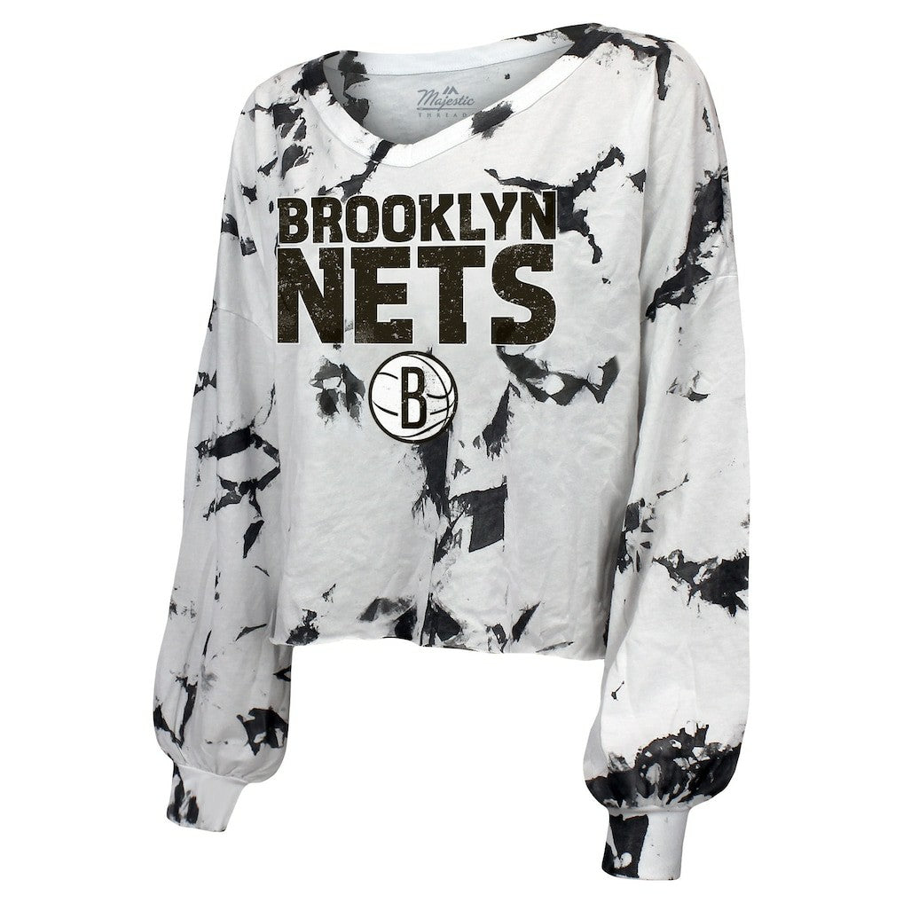 Brooklyn Nets Majestic Threads Women's Aquarius Tie-Dye Cropped V-Neck Long Sleeve T-Shirt White/Black