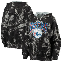 Philadelphia 76ers Majestic Threads Women's Burble Tie-Dye Tri-Blend Pullover Hoodie Black