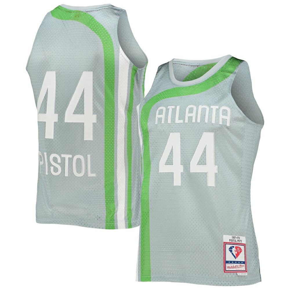 Pete Maravich Atlanta Hawks 75th Anniversary 1971/72 Hardwood Classics Swingman Jersey Silver - Mitchell & Ness