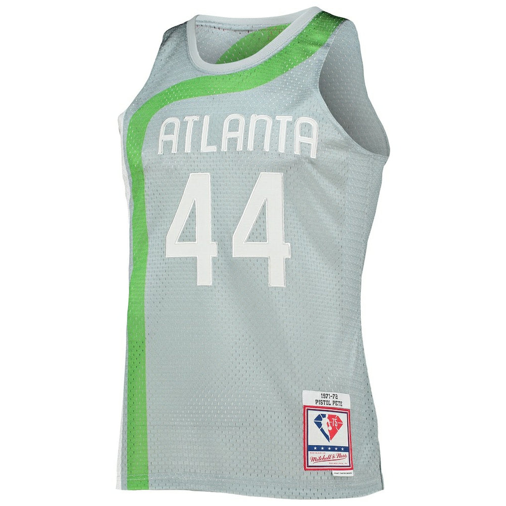 Pete Maravich Atlanta Hawks 75th Anniversary 1971/72 Hardwood Classics Swingman Jersey Silver - Mitchell & Ness